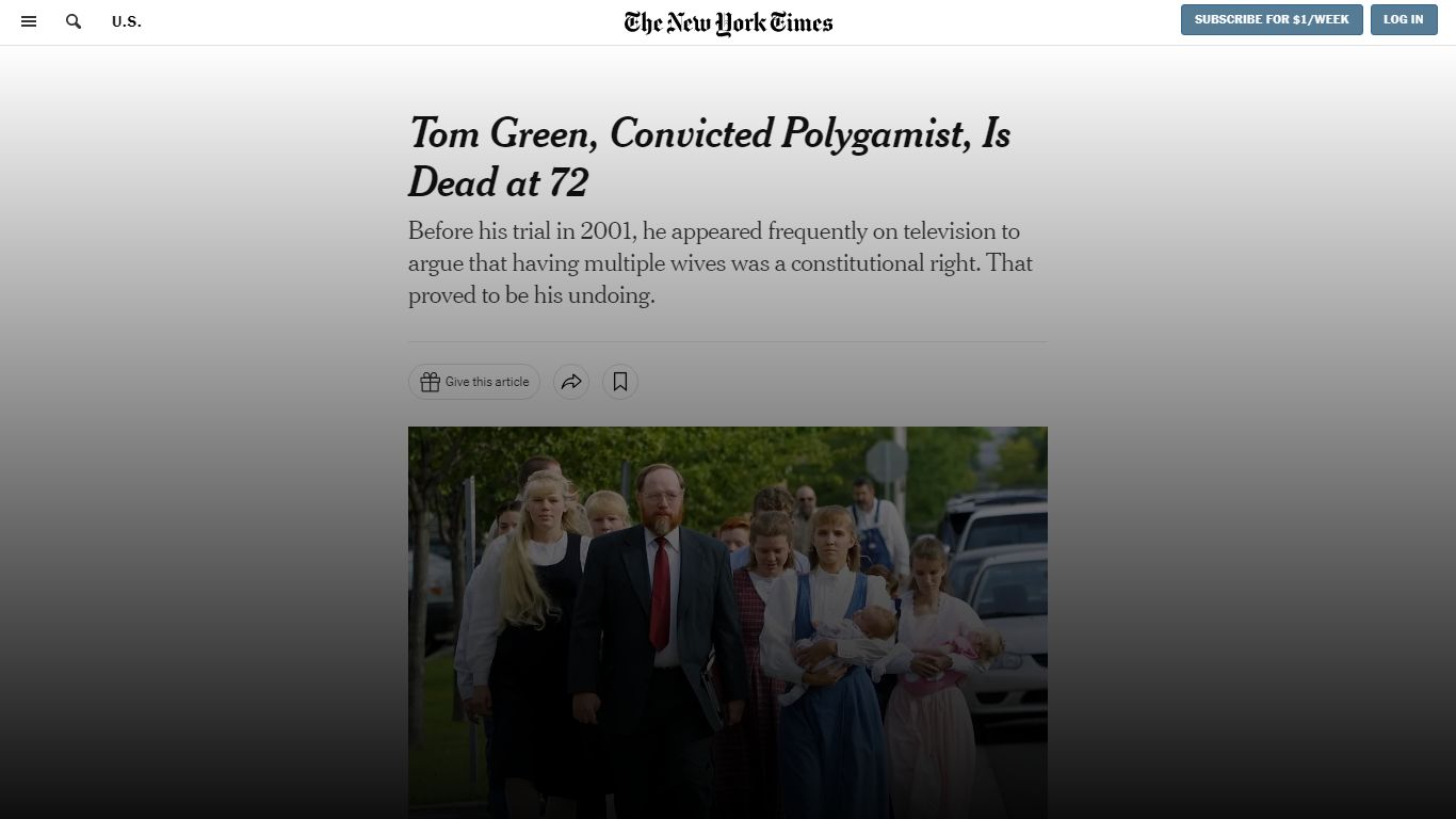 Tom Green, Convicted Polygamist, Is Dead at 72 - The New York Times